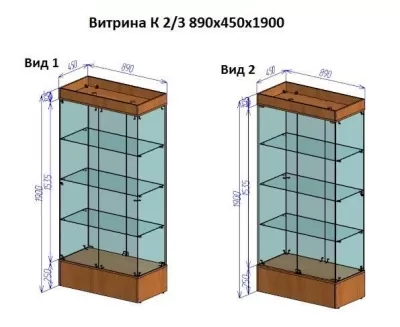  Витрина К 2/3, 890х450х1900, подсветка, 3 полки, 2 стеклянные двери, подиум бук h250mm